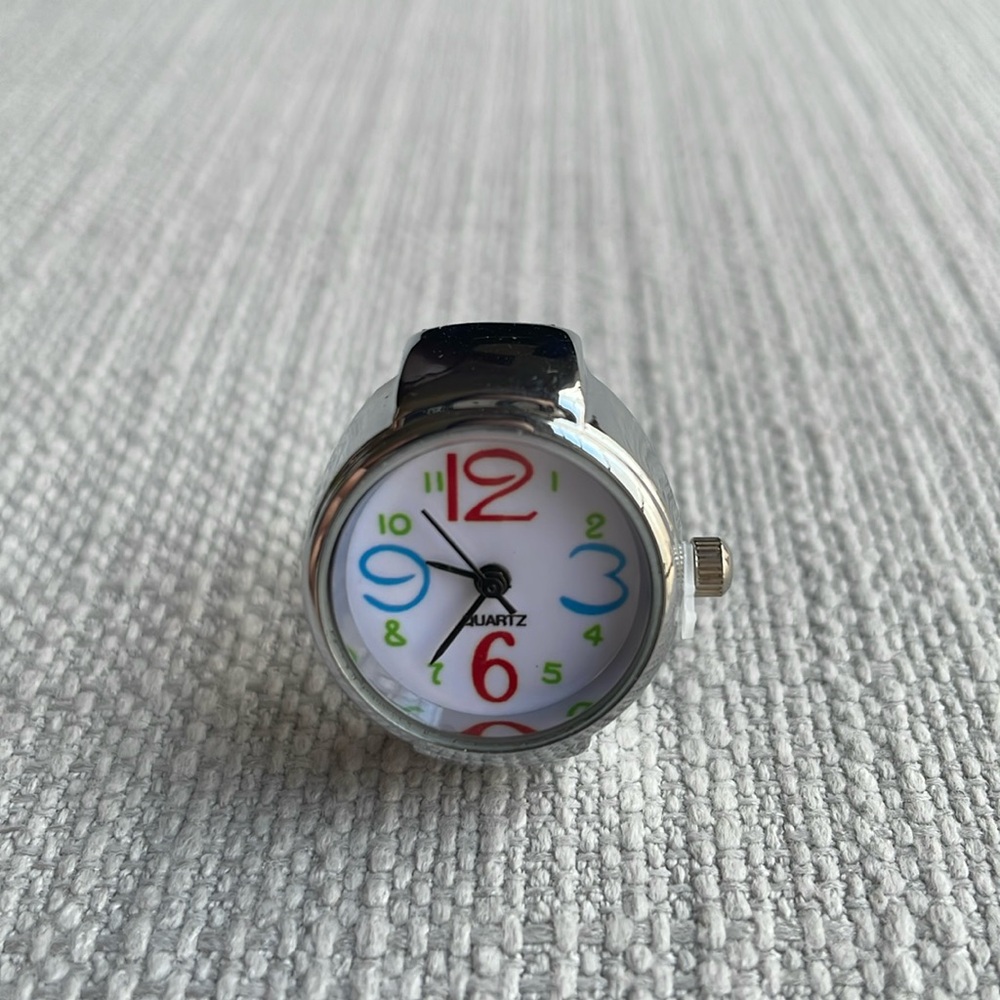 Silver and white one-size stretch analog watch ring